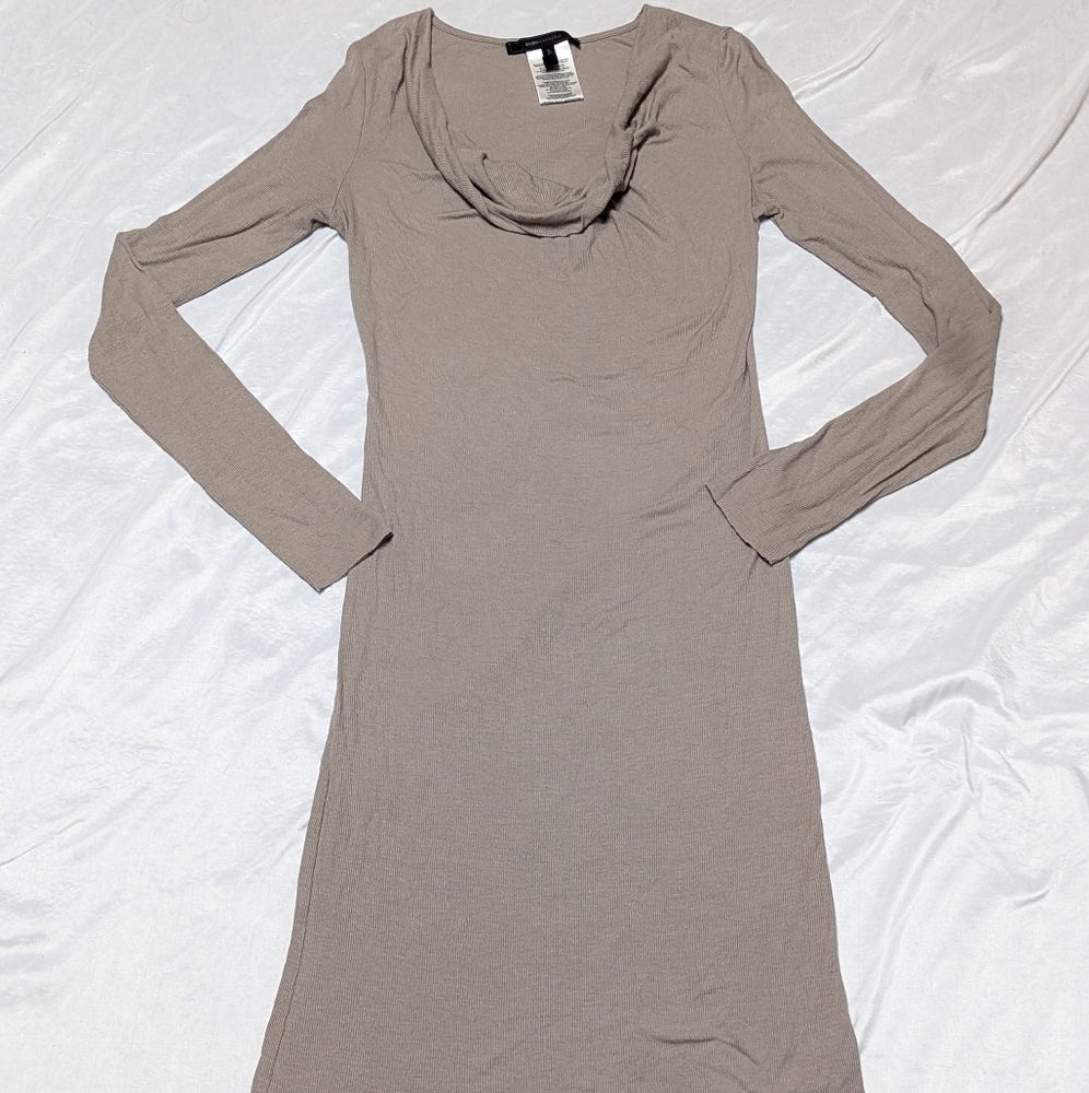 BCBGMAXAZRIA Y2K Taupe Longsleeve Drape Neck Ribbed Bodycon Midi Dress READ